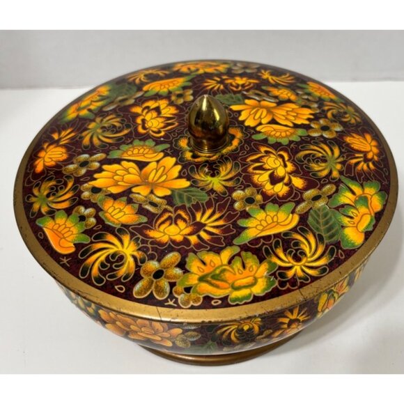 Other - Daher Biscuit/Cookie Tin Made in England Floral Brass Finial MCM Orange